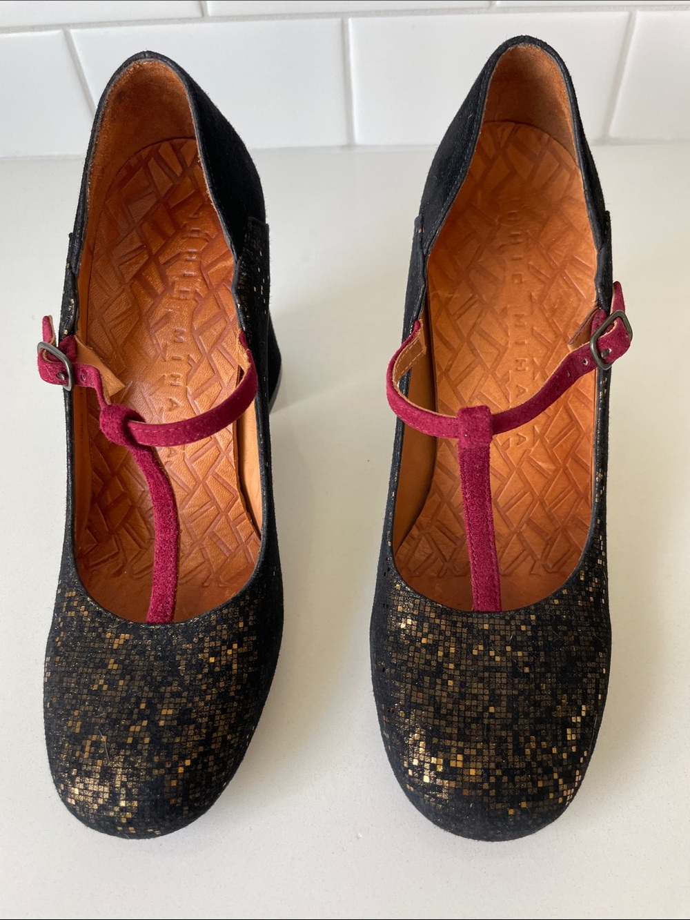 Chie Mihara Black Glitter Mary Jane Heels with Wine Pink Strap • Size 37 - Picture 4 of 16